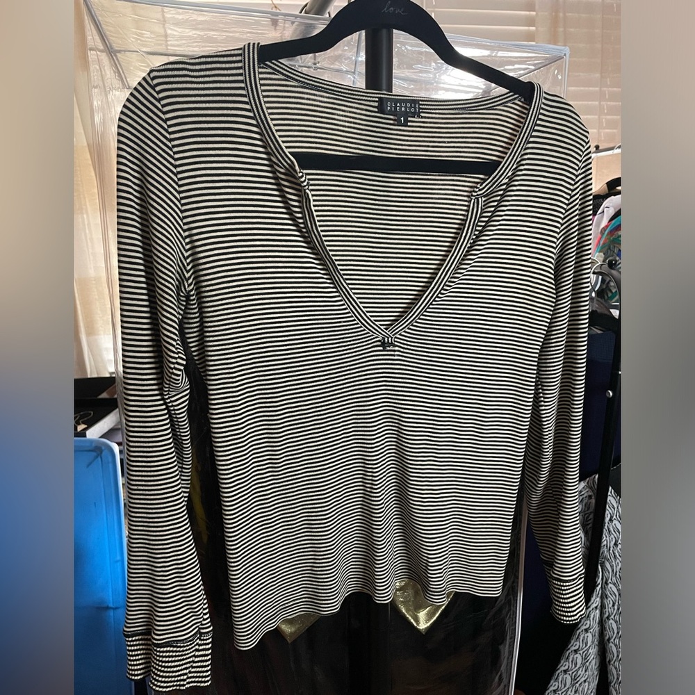 Claudie Pierlot Black and White Striped V-Neck Blouse